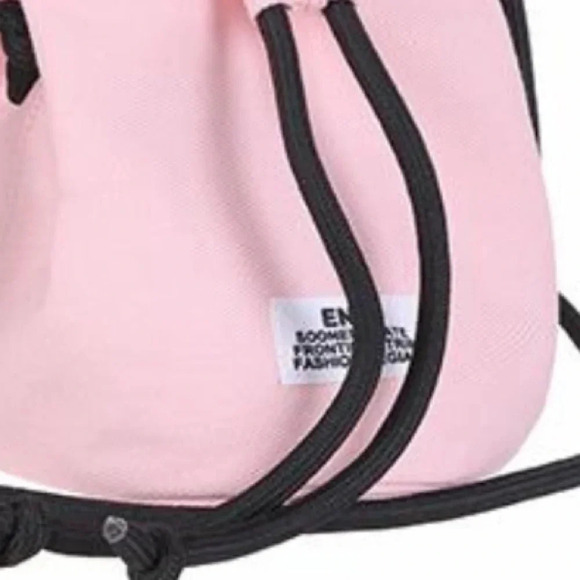 MINISO PINK AND BLACK CANVAS CROSSBODY DRAWSTRING BUCKET BAG SMALL - Picture 9 of 10